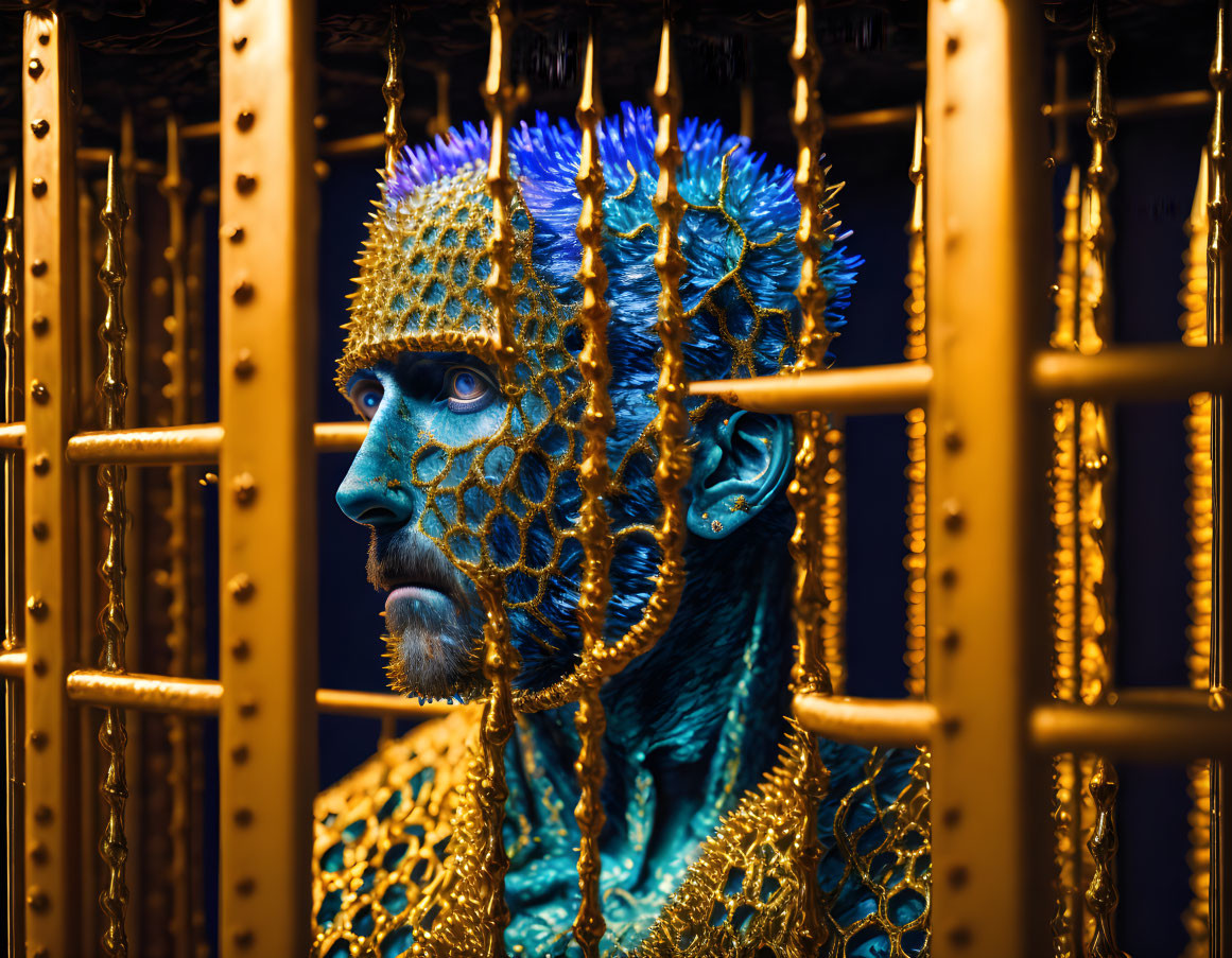 Blue-skinned person with golden headpiece behind golden bars in regal setting.