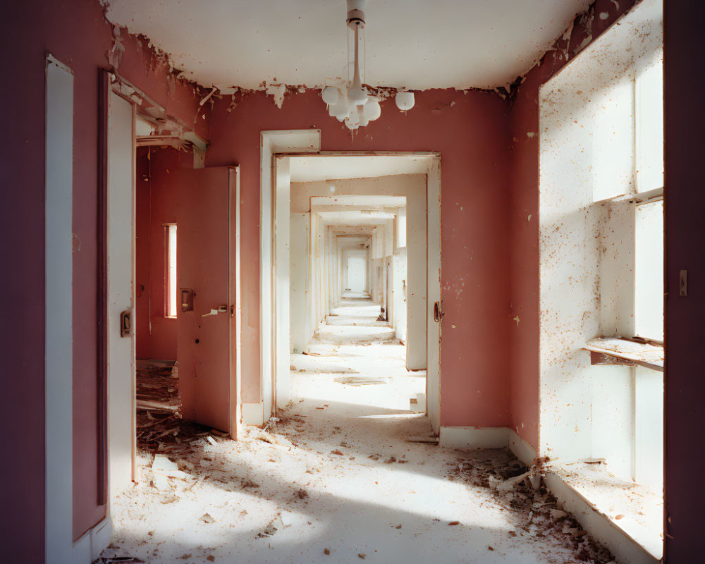 Abandoned hospital corridor with peeling paint and open doors