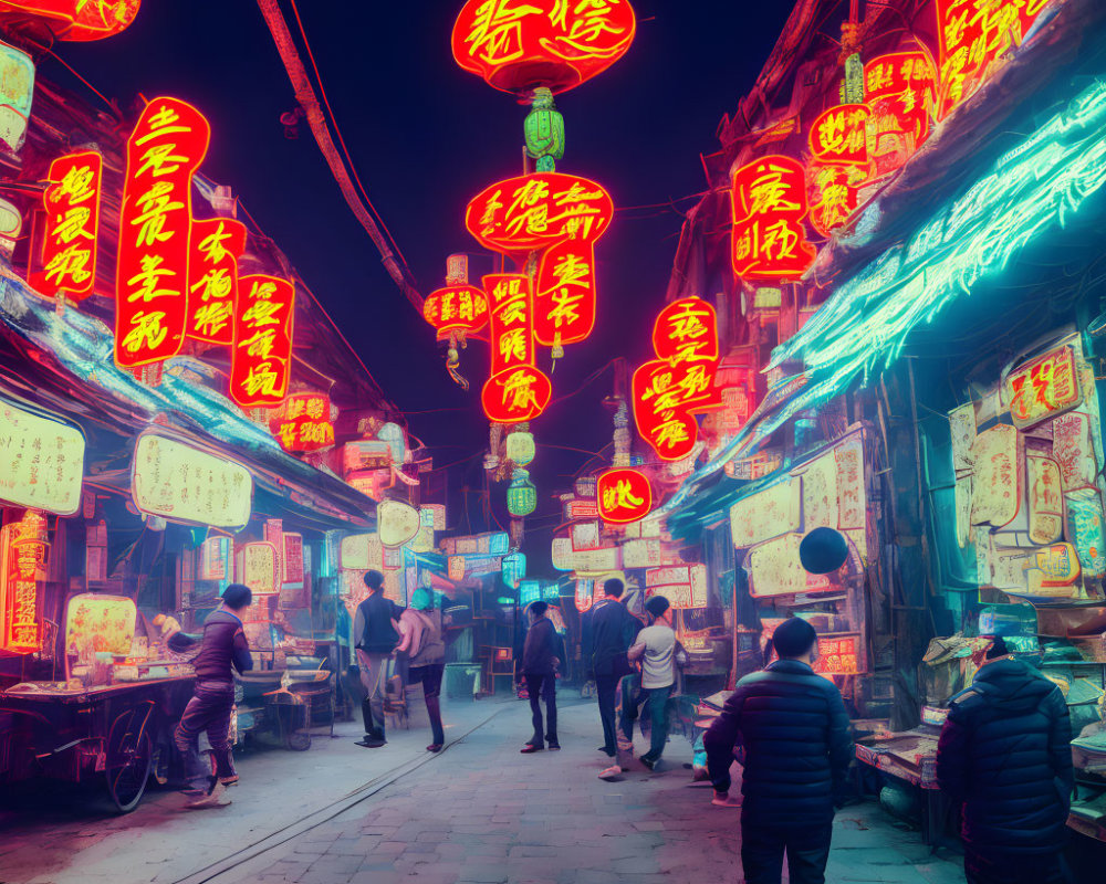 Vibrant night market alley with neon signs and red lanterns