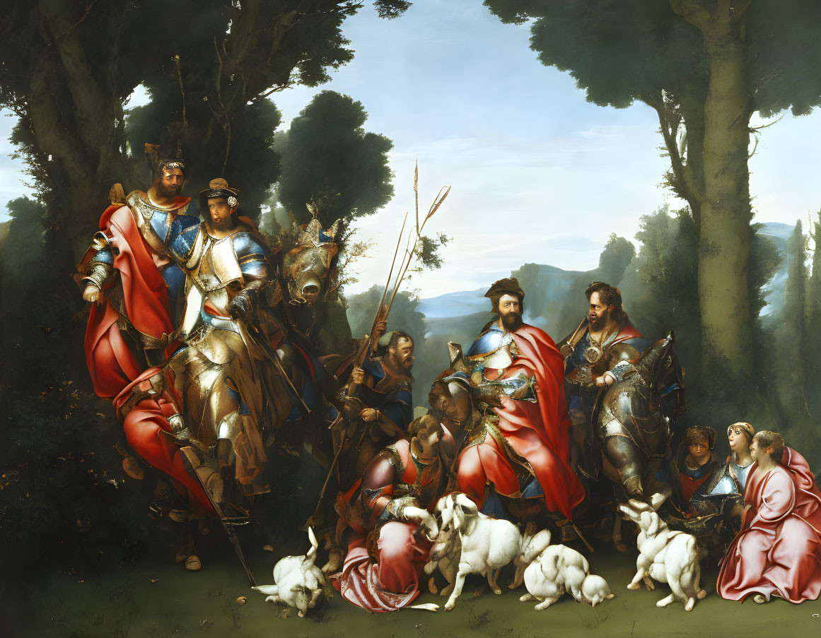 Group of knights in shiny armor with red capes, squires, and dogs in lush forest setting