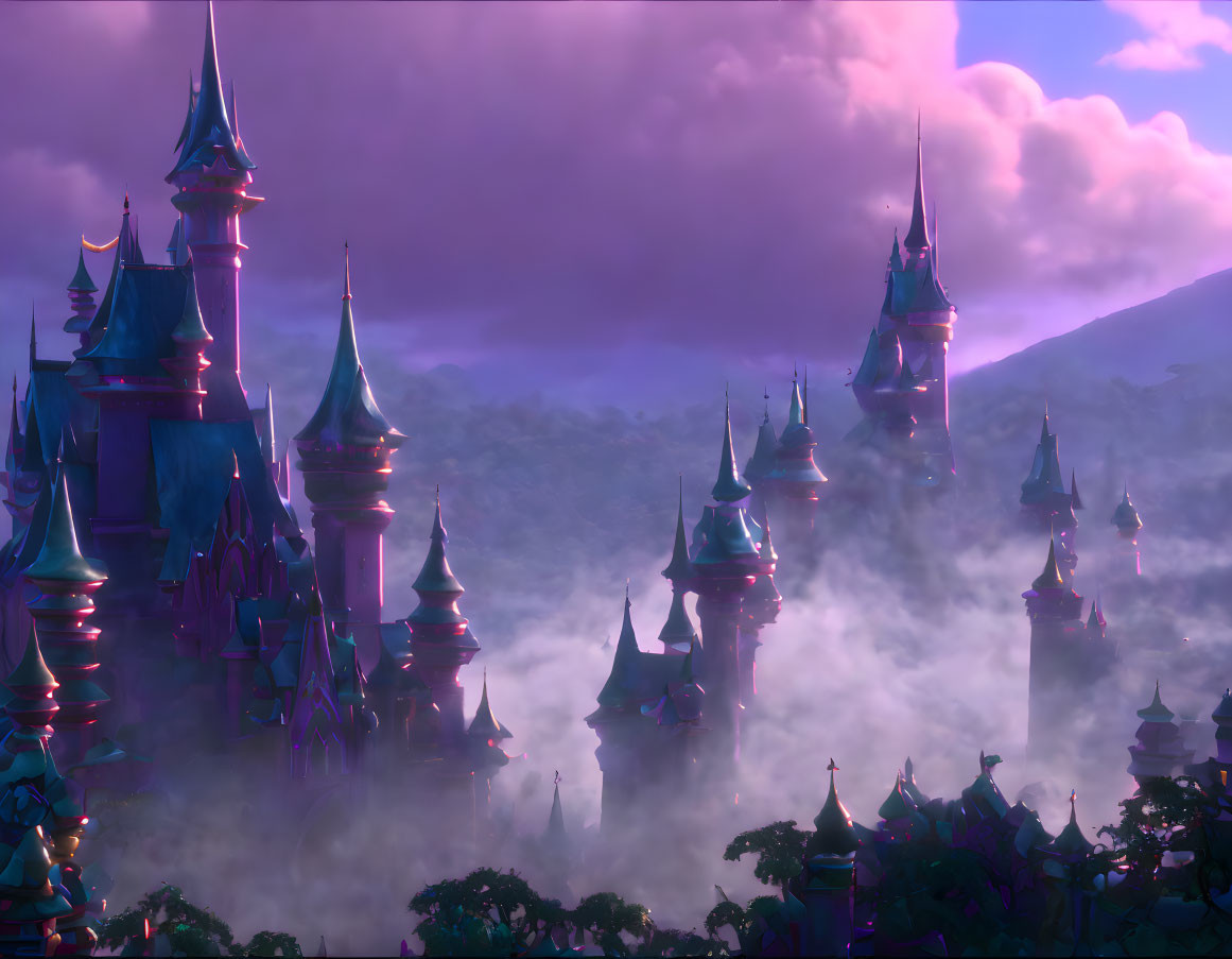 Mystical castle with tall spires in pinkish-purple dusk sky