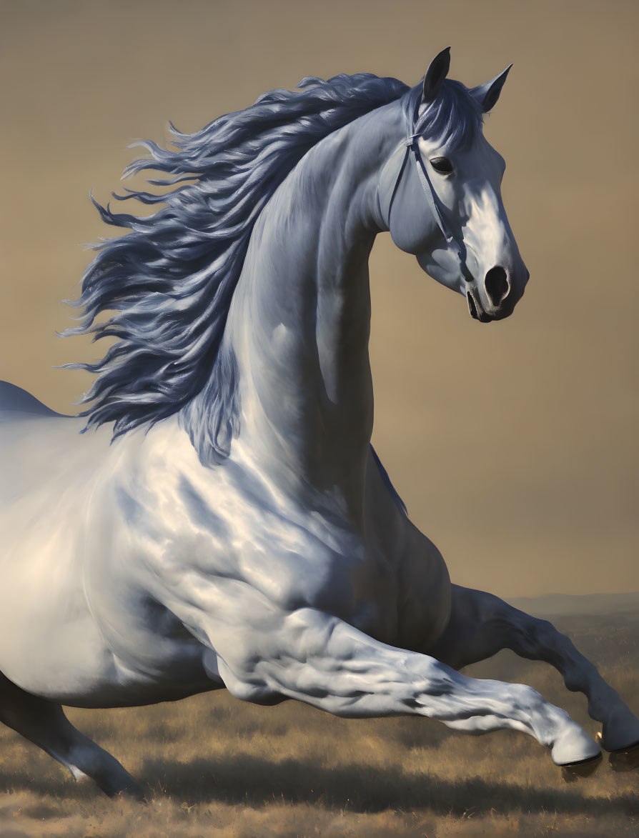 Majestic gray horse with blue-tinged mane galloping in golden setting