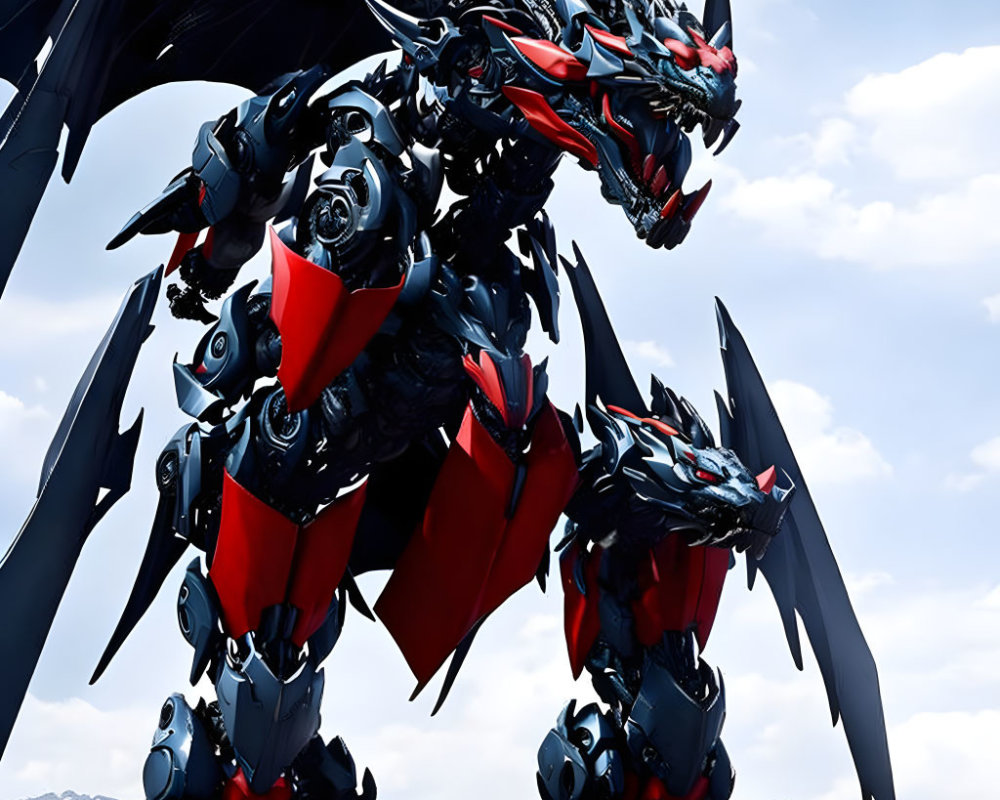 Sleek Black and Red Robotic Dragon Against Cloudy Sky