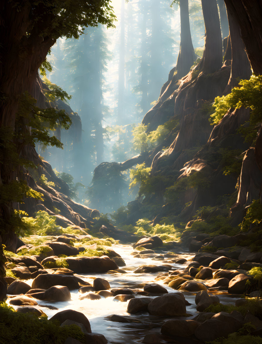 Tranquil forest scene with sunlight, river, and rocks
