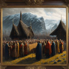 Historical attired group admiring Viking-themed mountain painting