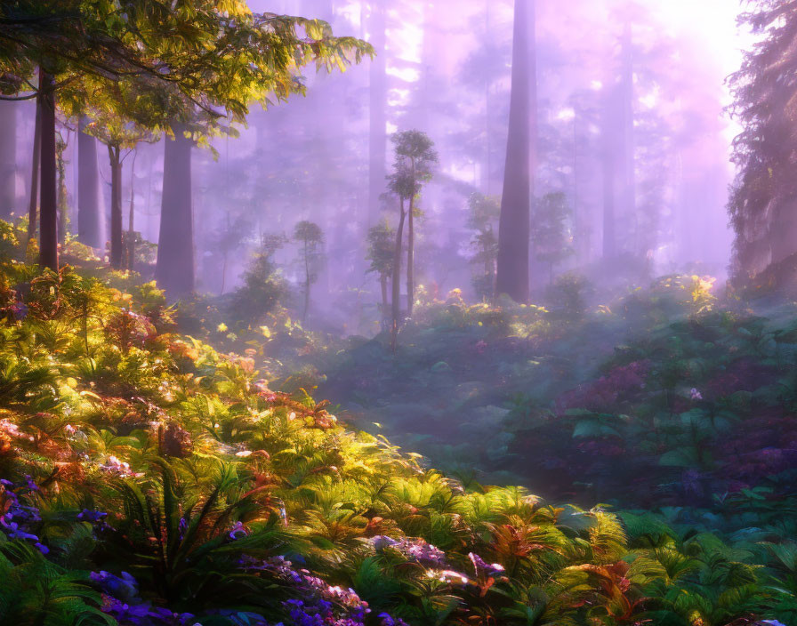 Enchanting forest scene with fog, tall trees, sunlight, ferns, and purple flowers