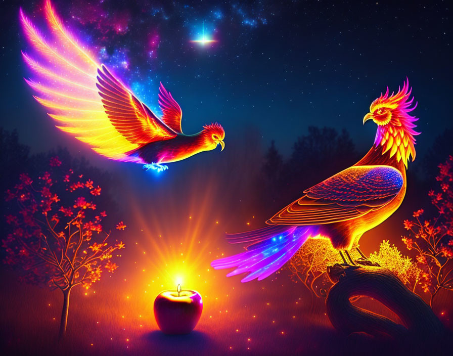 Mystical phoenix birds under starry sky with candle-lit apple