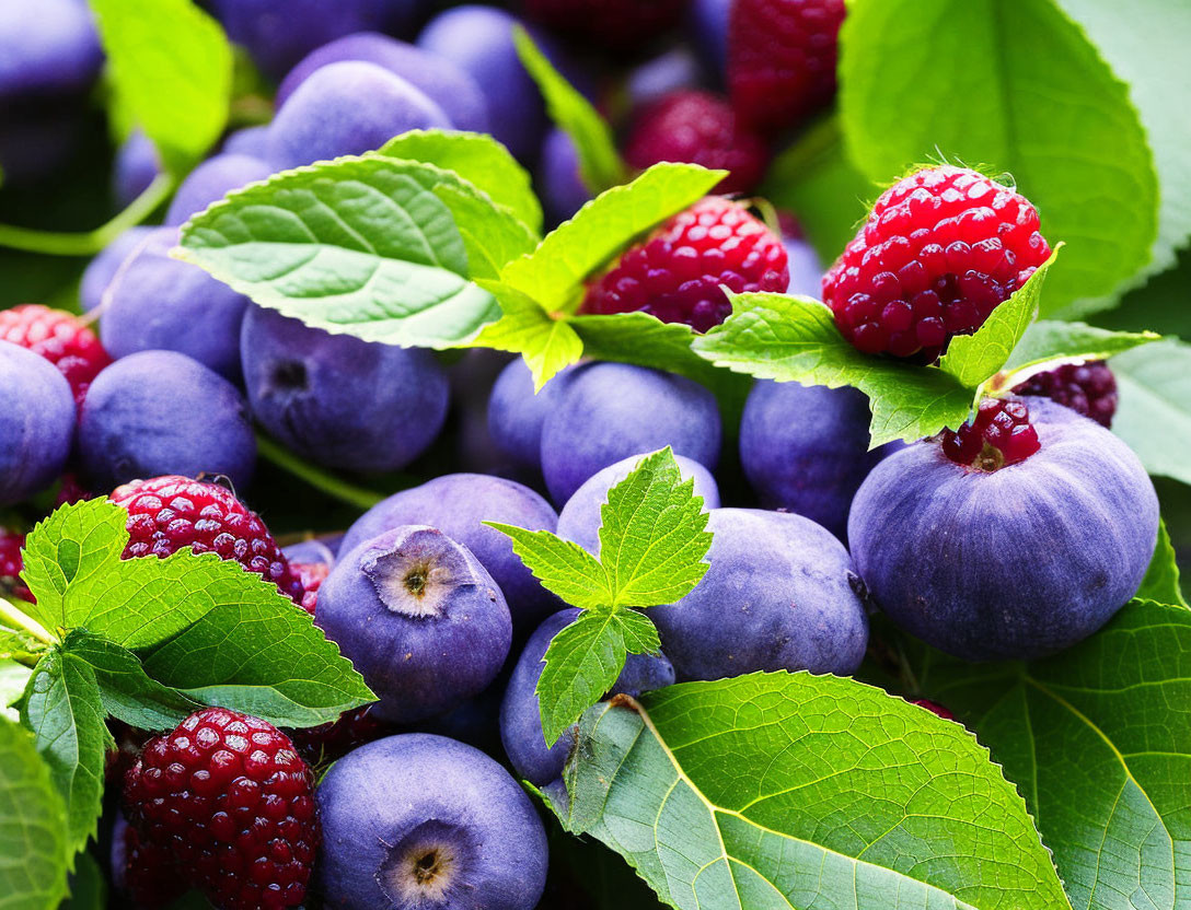 Colorful blueberries and raspberries with green leaves.