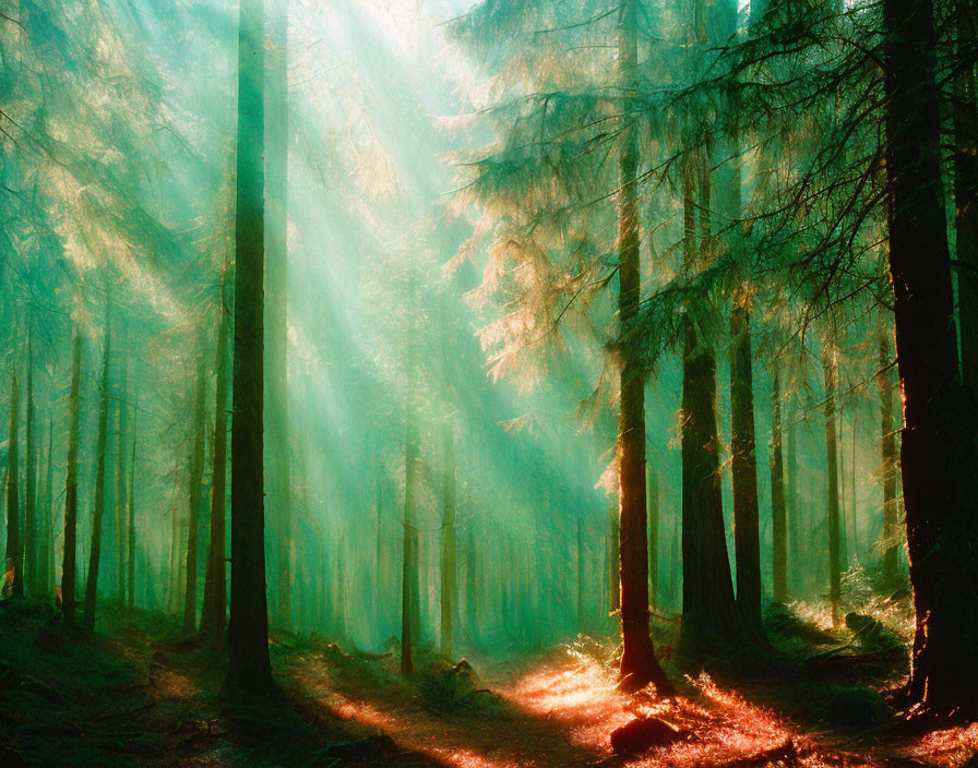 Misty forest illuminated by sunlight's glow