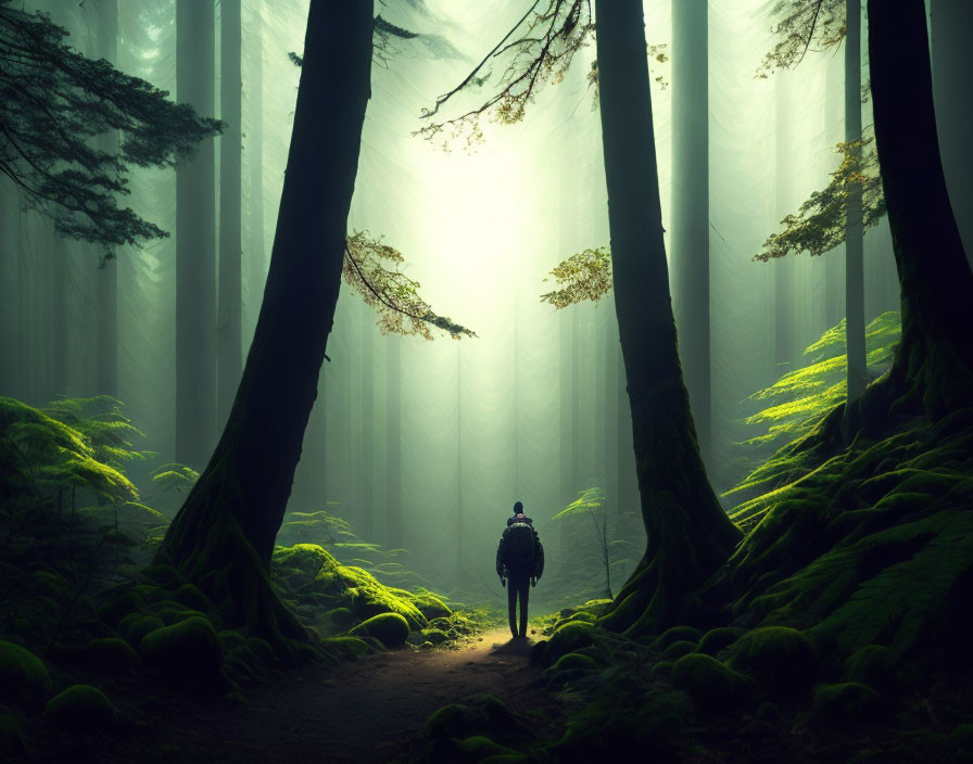Misty forest scene with lone hiker among lush green ferns
