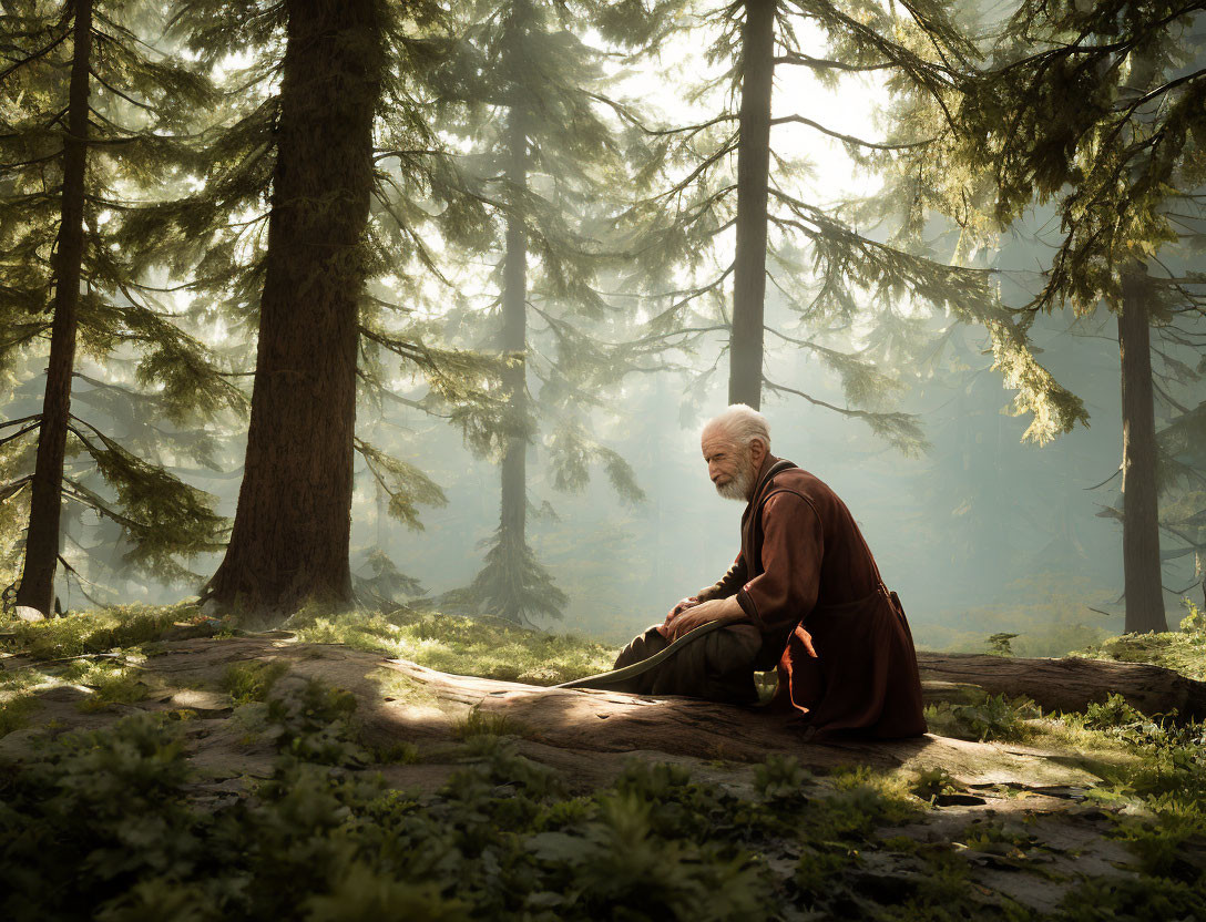 Elderly man sitting on log in misty forest with towering trees