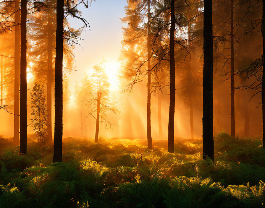 Misty forest with sunlight illuminating ferns and tree trunks