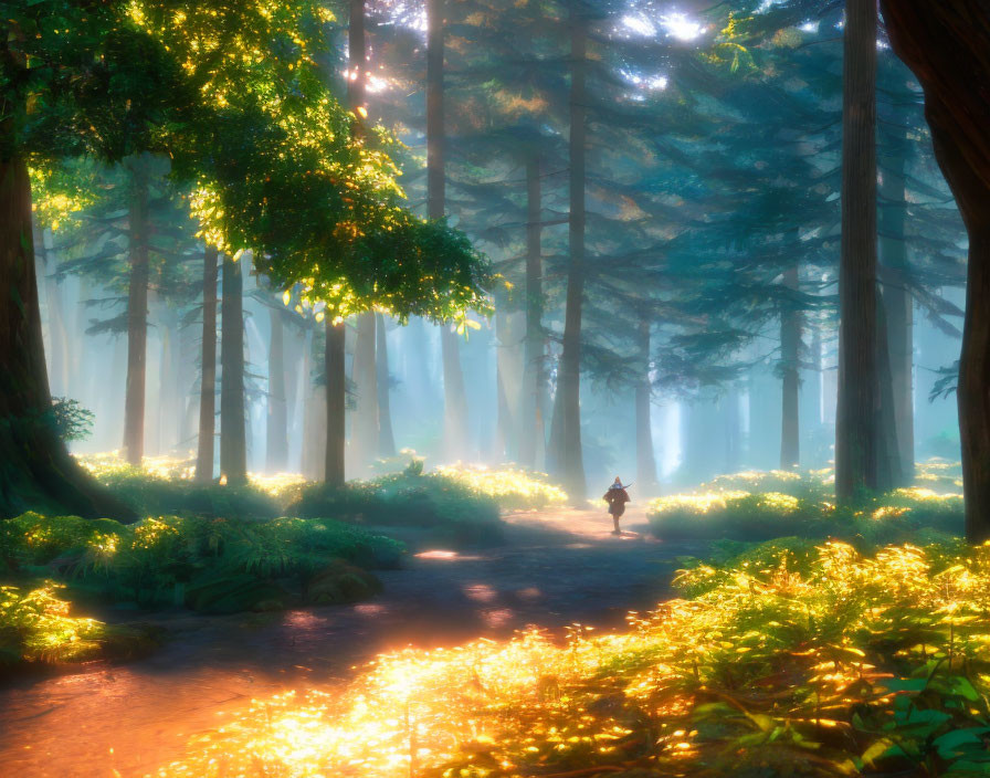 Golden sunlight illuminates figure walking in tranquil forest.