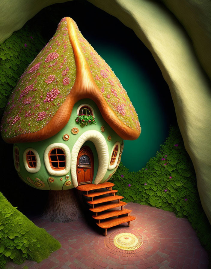 Whimsical illustration of vibrant mushroom-shaped house in lush green nook