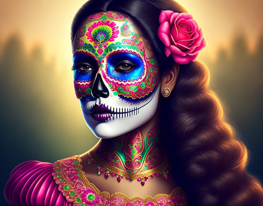 Colorful Day of the Dead woman with rose and patterns on dark background