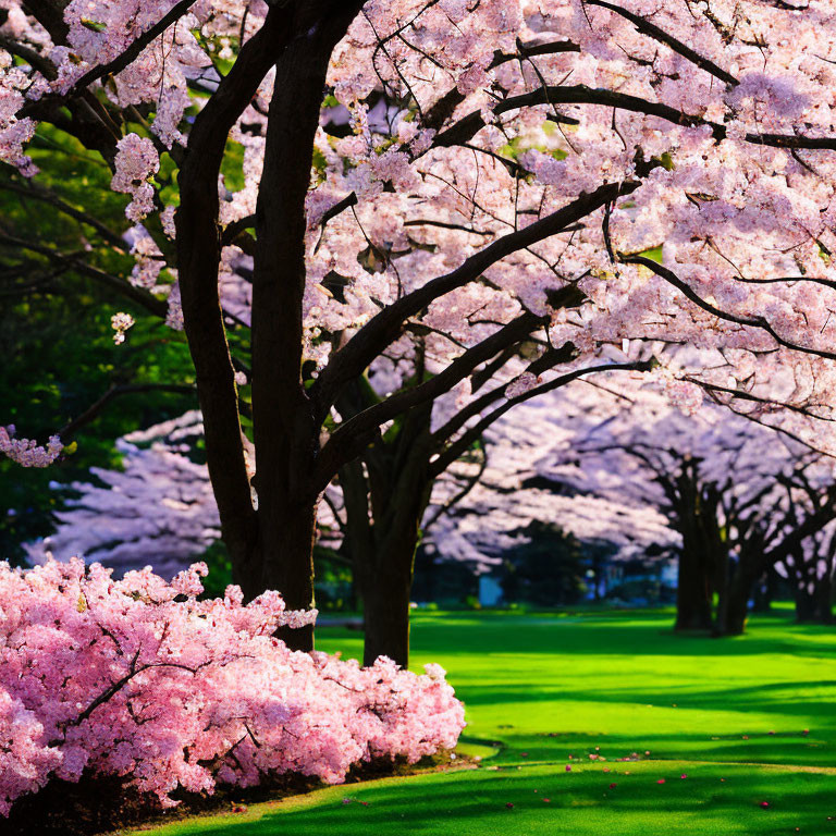 Vibrant pink cherry blossoms in lush green park under sunlight