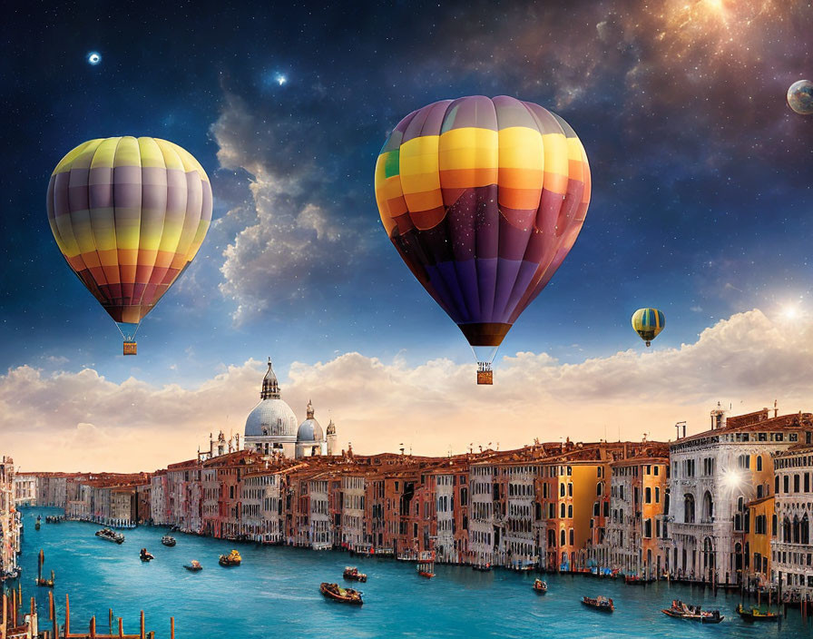 Vibrant hot air balloons over Venetian canal with boats under surreal sky
