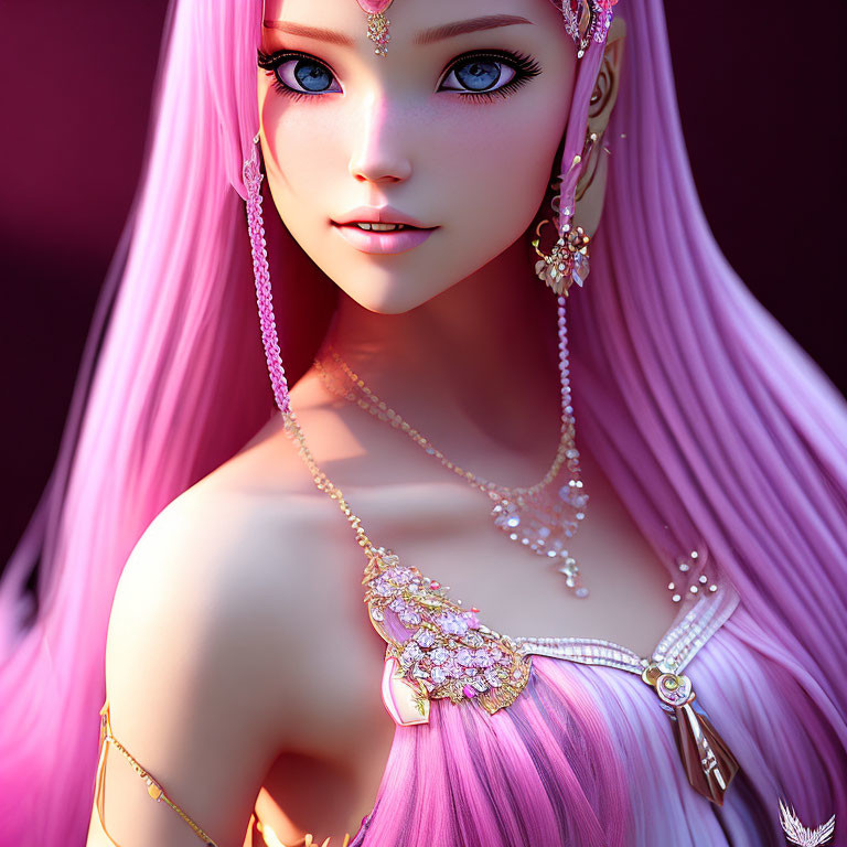 Vibrant pink-haired woman with large blue eyes and gold jewelry