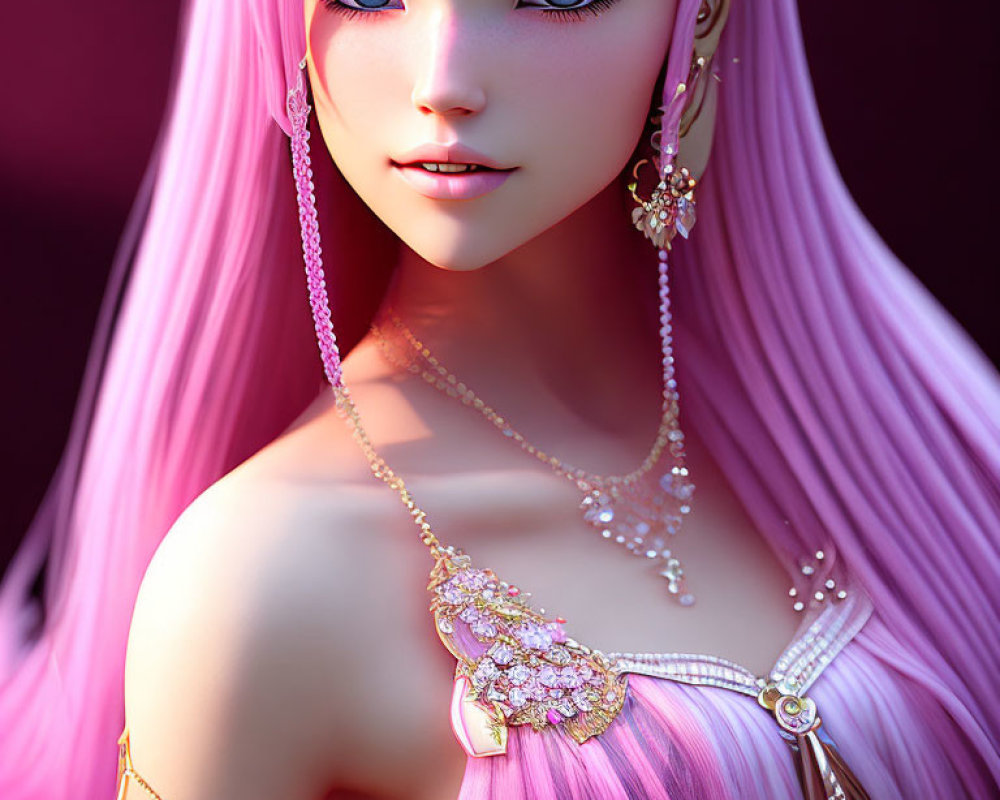 Vibrant pink-haired woman with large blue eyes and gold jewelry