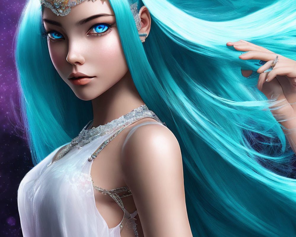 Mythical Female Figure with Blue Hair and Tiara in White Dress