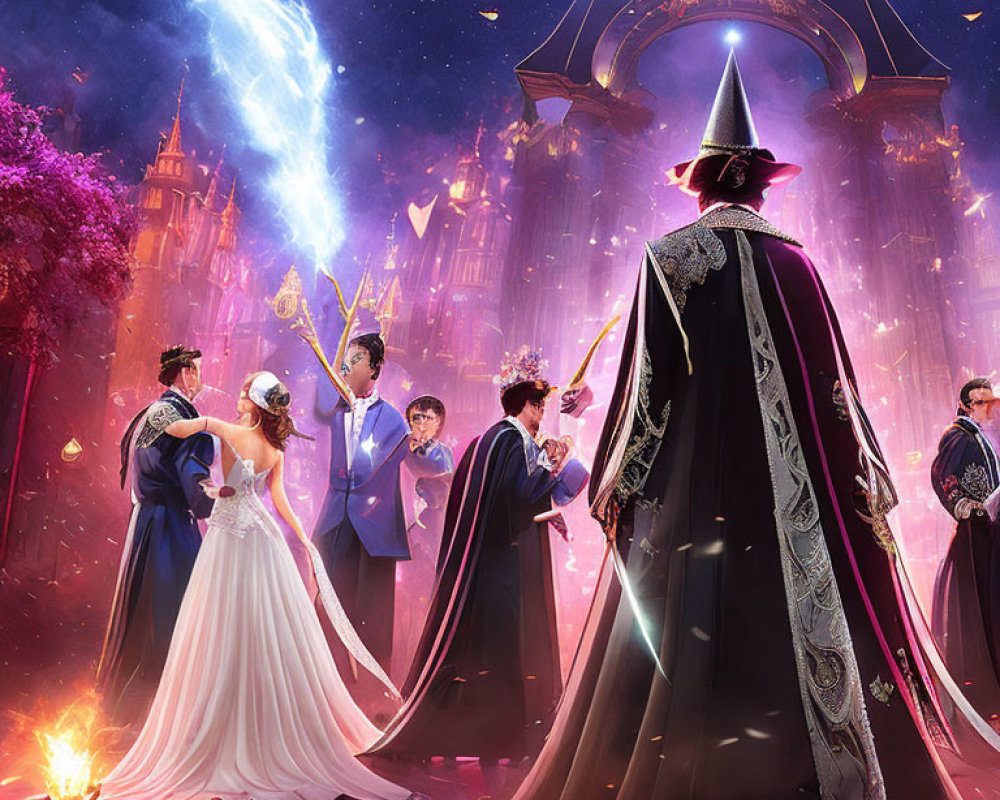 Enchanting wedding scene with wizard, couples, castle, and mystical lights