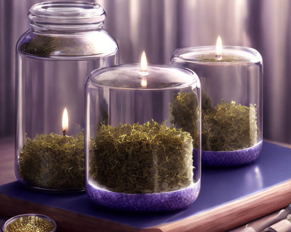 Three candles in glass jars with purple stones and greenery on wooden board in room with purple curtains.