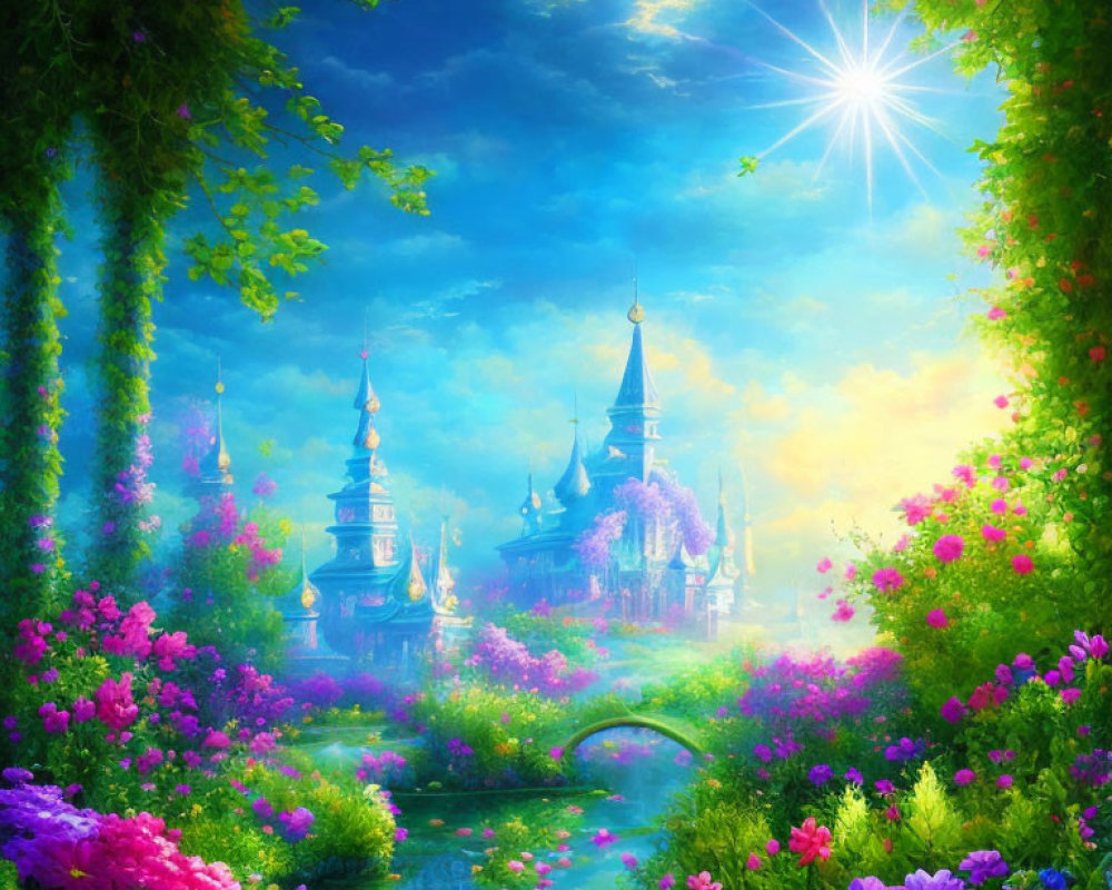 Colorful fantasy landscape with gardens and ornate buildings under starry sky