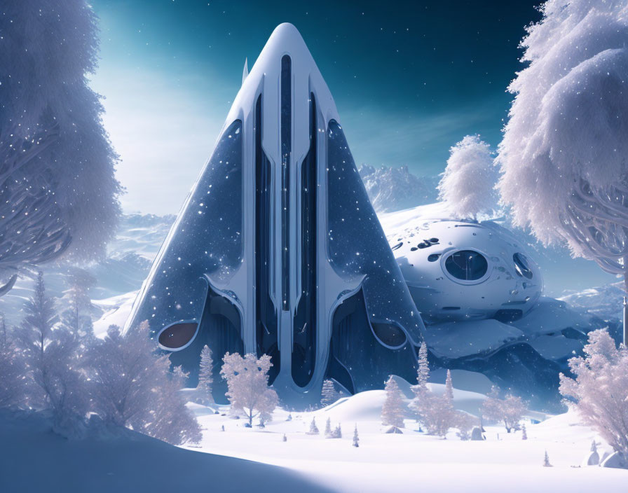 Futuristic curved buildings in snowy landscape with frost-covered trees