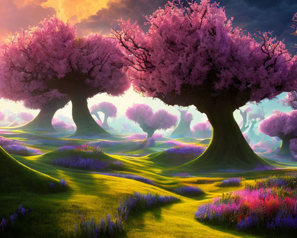 Vibrant landscape with pink blooming trees and lush green hills