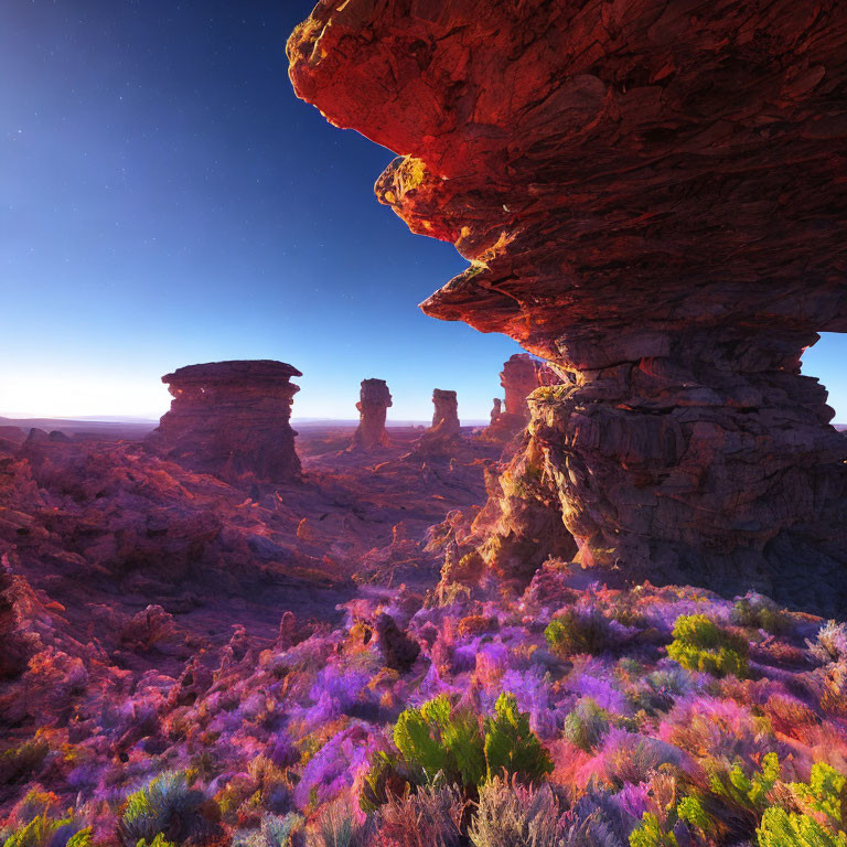 Majestic rock formations and purple flora in twilight landscape