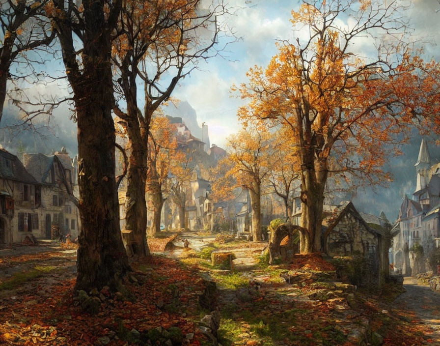 Picturesque village with stone houses surrounded by autumn trees and distant castle.