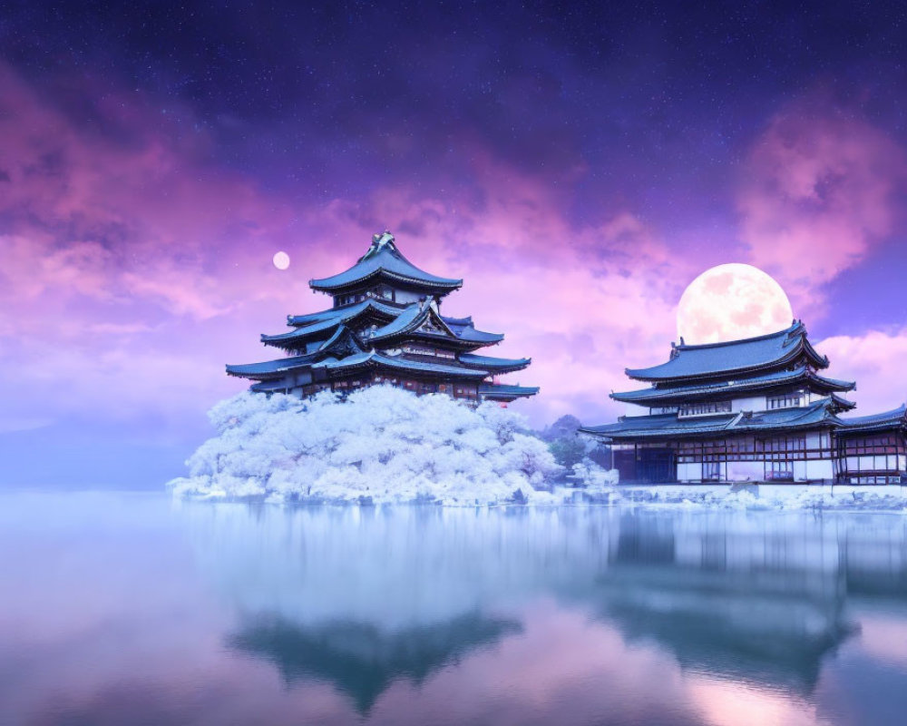 Traditional Japanese pagoda by reflective lake under starry purple sky
