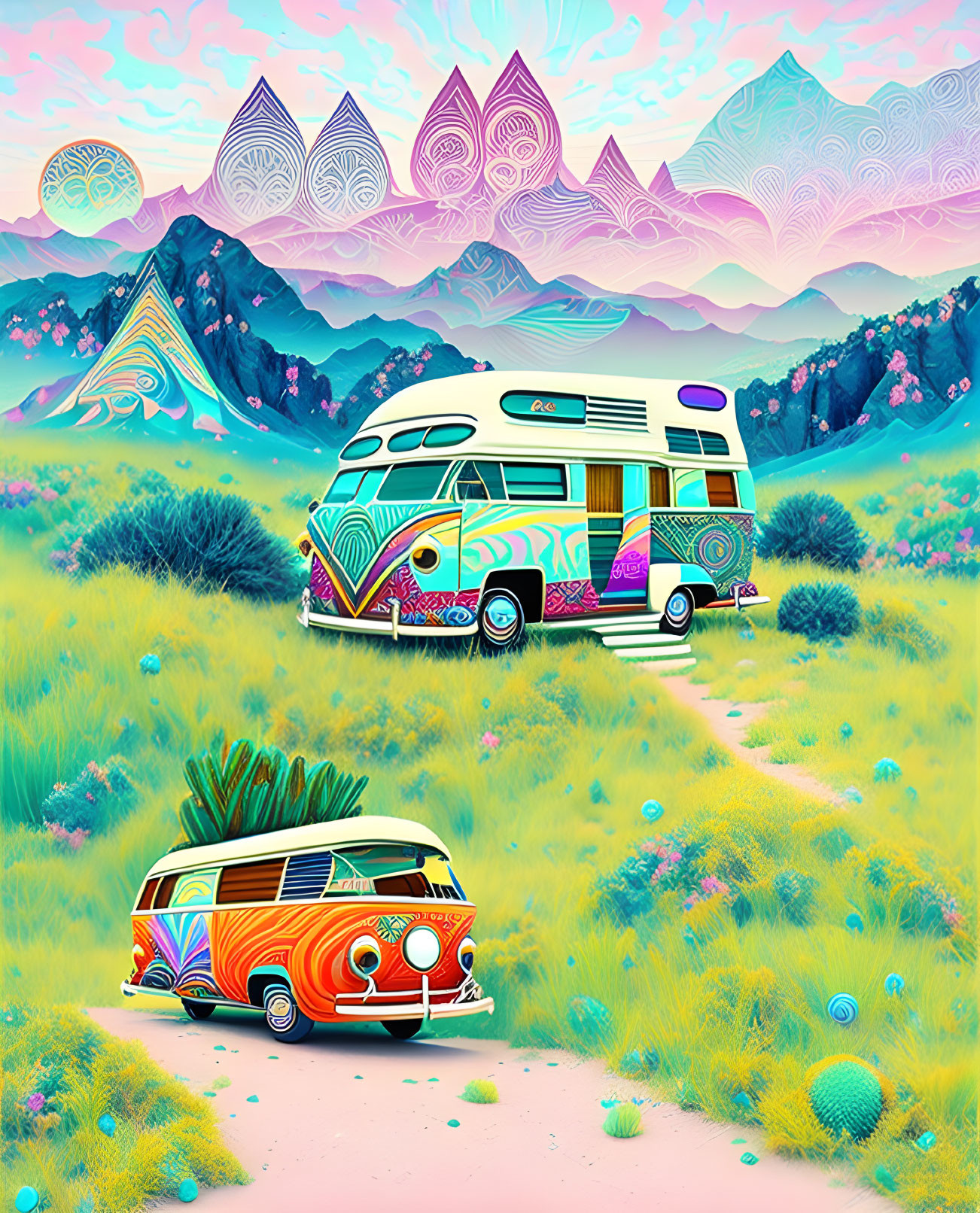 Colorful Retro VW Buses in Psychedelic Landscape