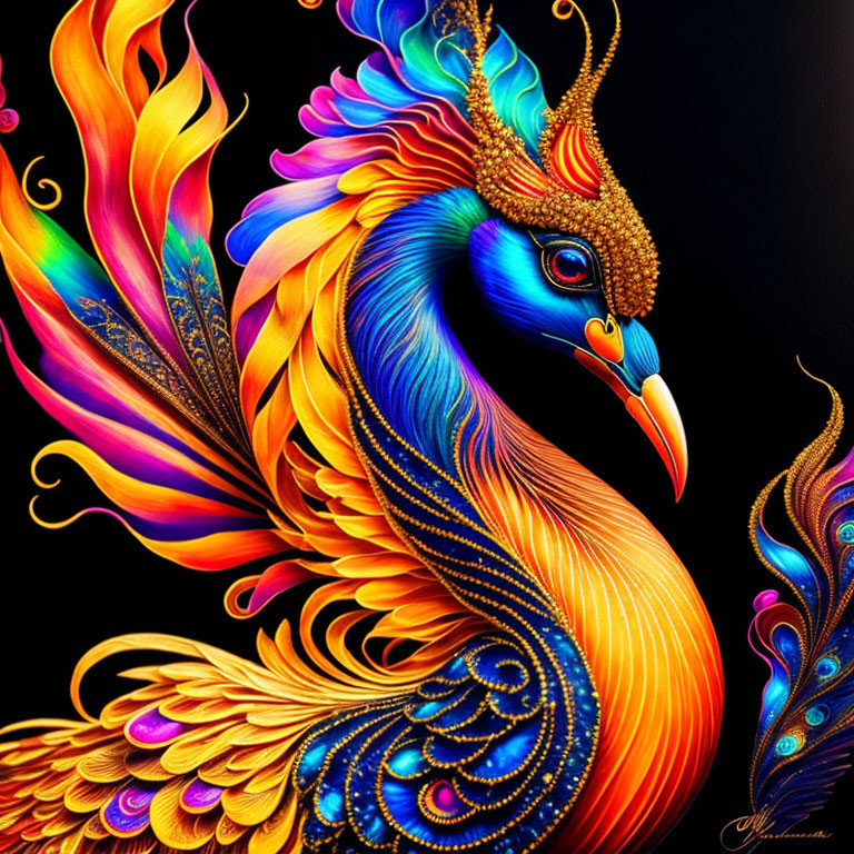 Colorful Stylized Phoenix Illustration with Fiery Feathers