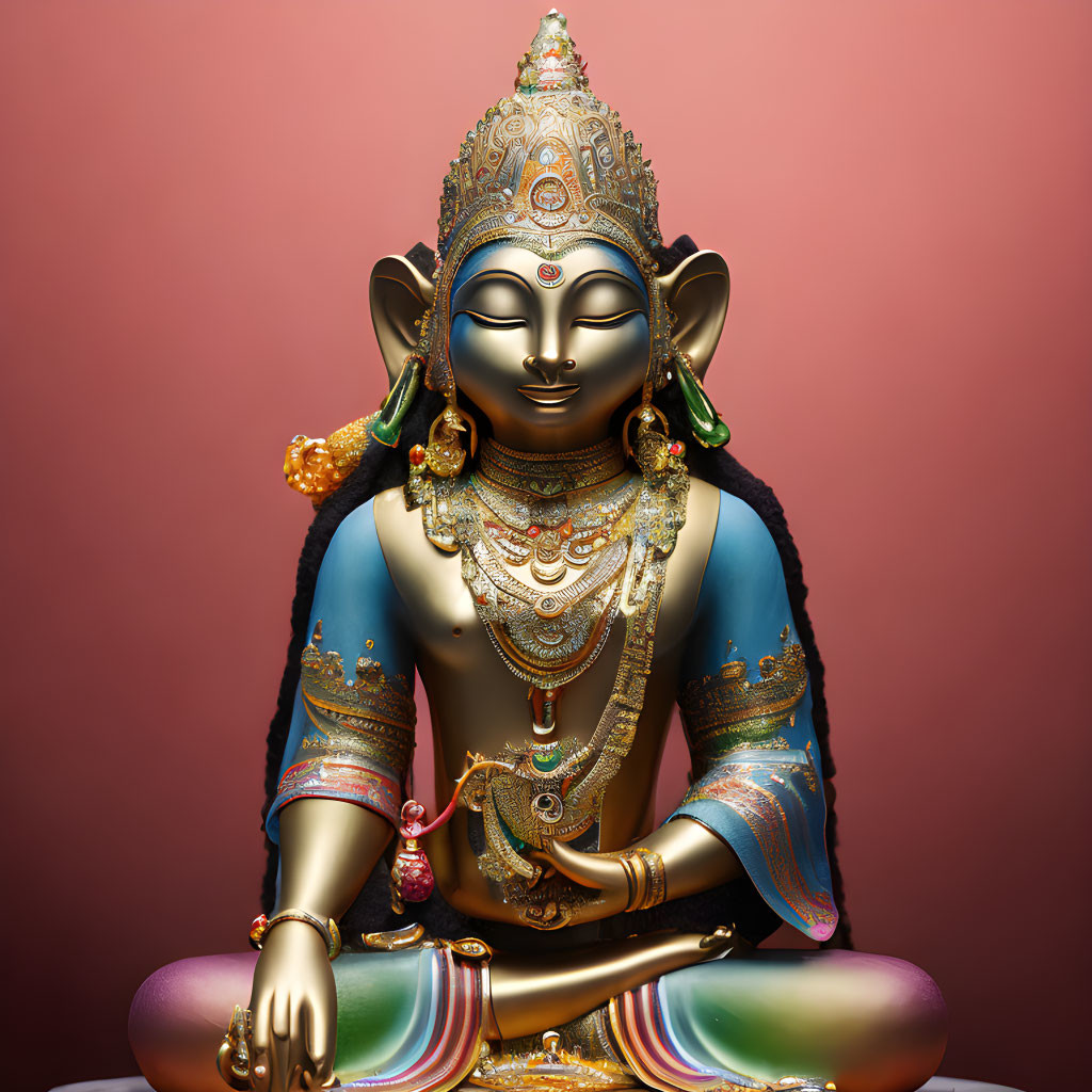Intricate Deity Statue in Meditative Pose on Pink Background