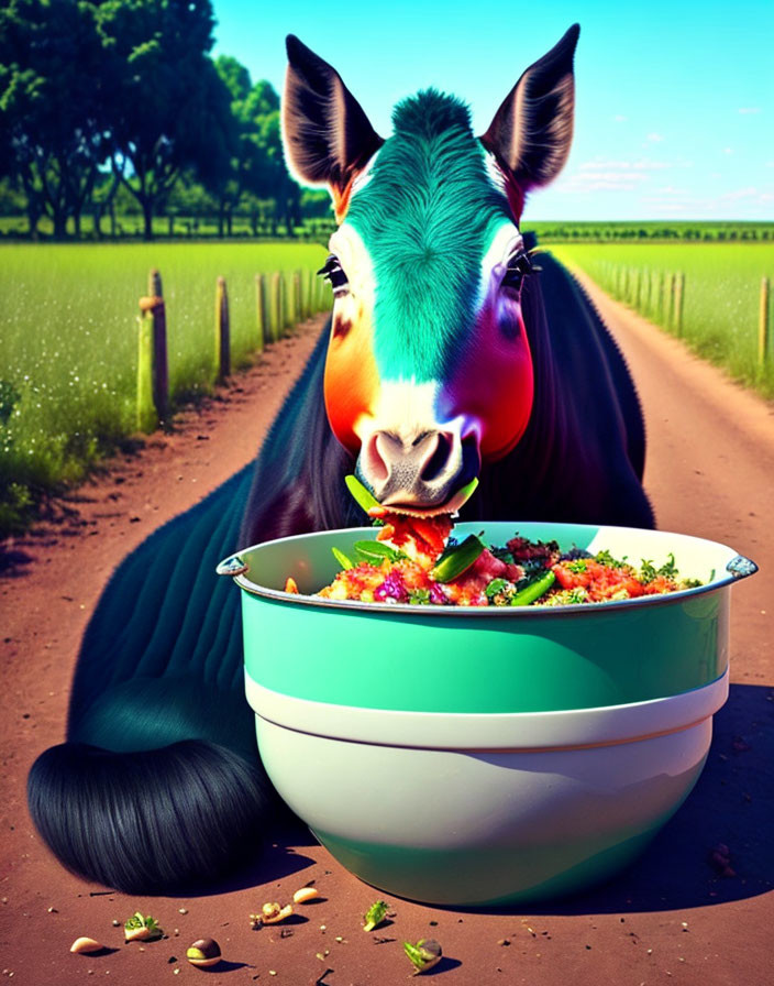 Colorful Donkey with Human-Like Face Behind Salad Bowls on Rural Road