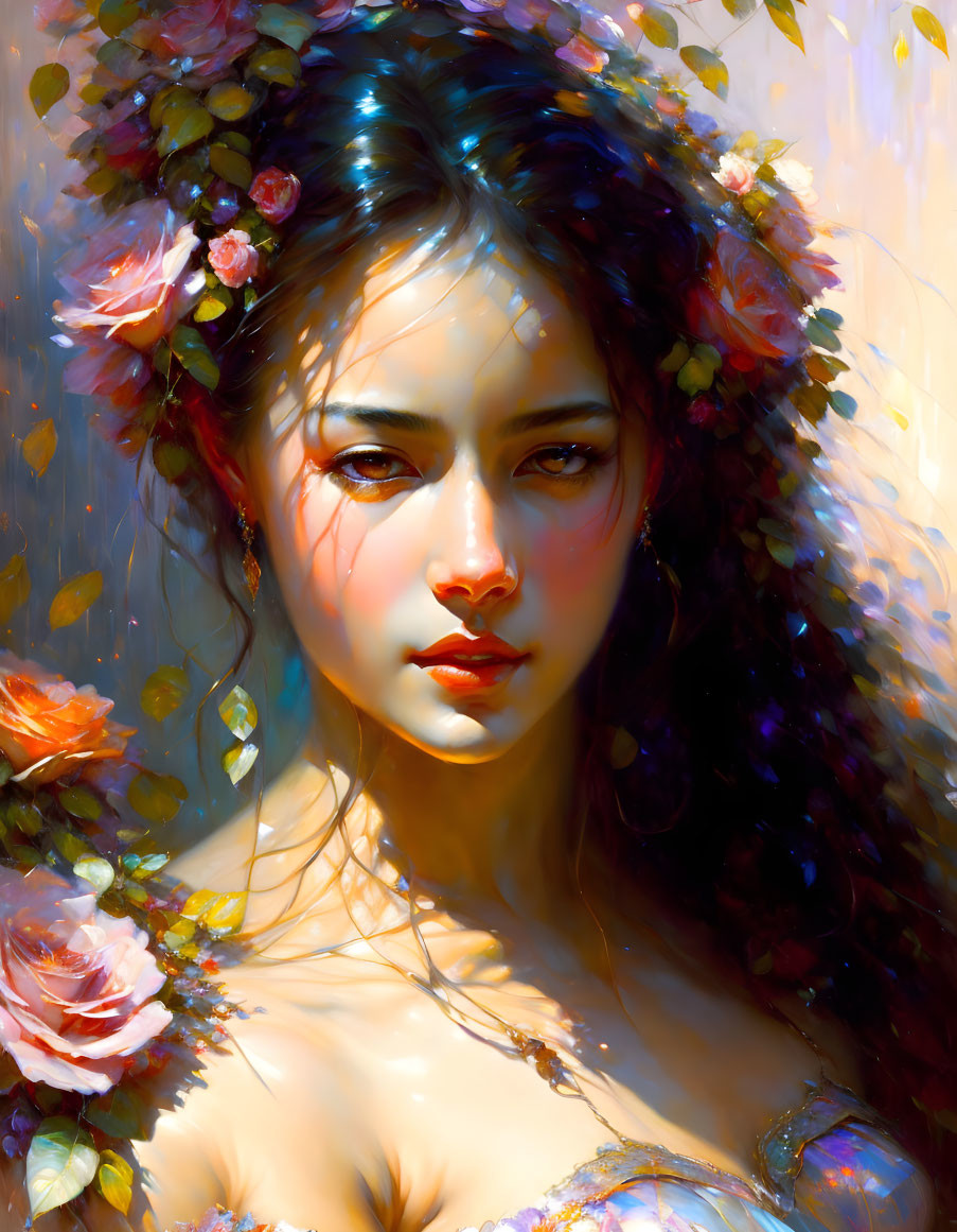 Vibrant painting of woman with floral crown in warm sunlight