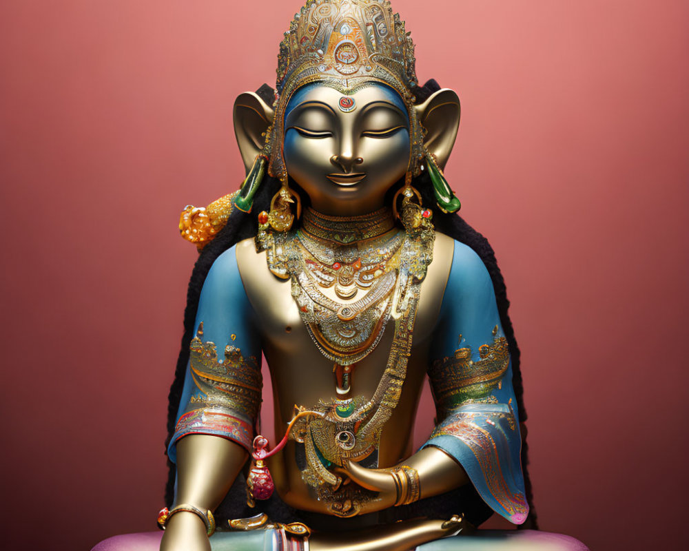 Intricate Deity Statue in Meditative Pose on Pink Background