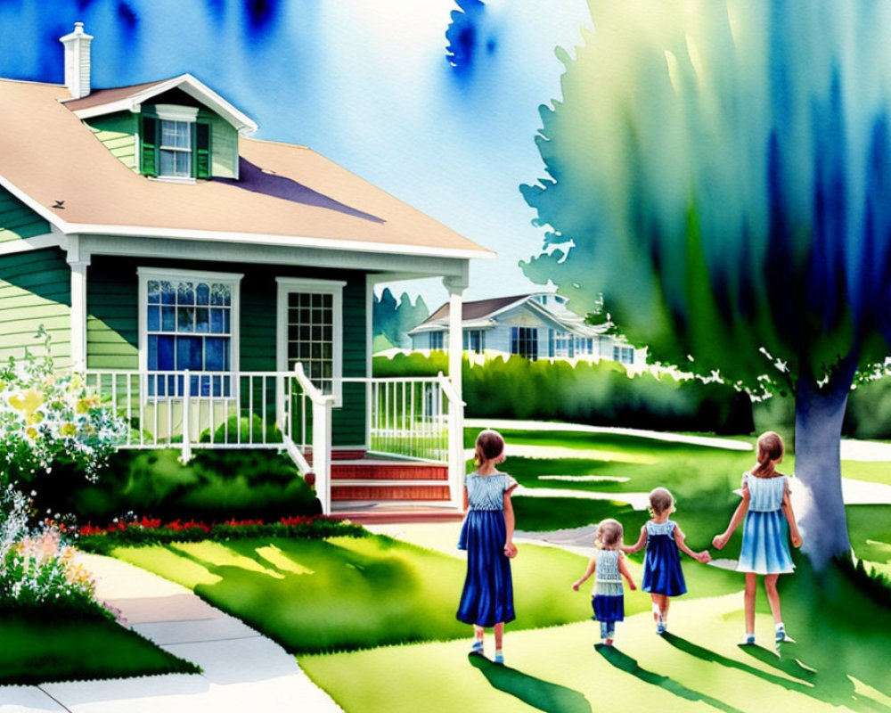 Three children in matching blue dresses holding hands in front of white picket fence house on green lawn.