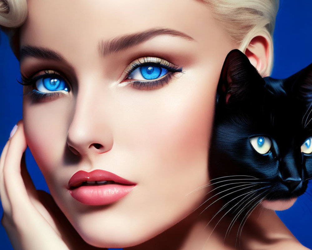 Woman with Blue Eyes and Black Cat on Blue Background