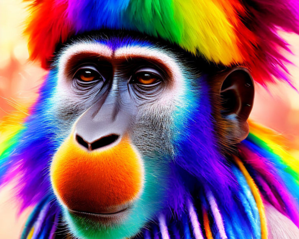 Colorful Primate Artwork with Rainbow Fur and Hat on Warm Background