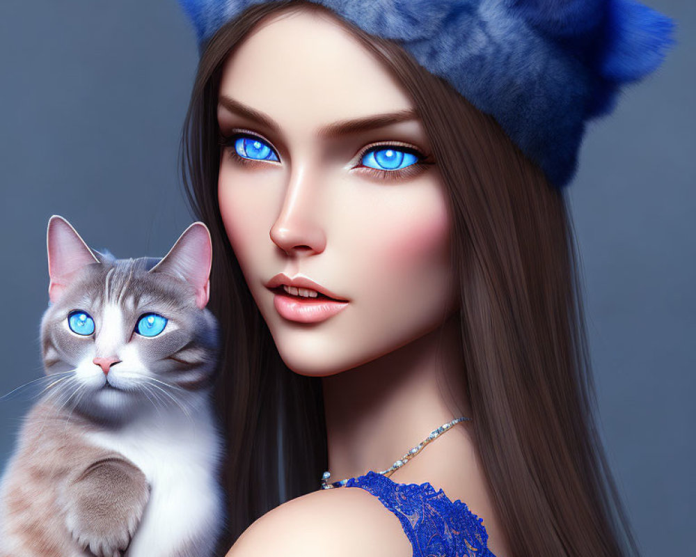 Woman with Blue Eyes Matching Siamese Cat's Eyes