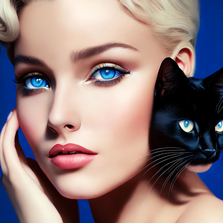 Woman with Blue Eyes and Black Cat on Blue Background