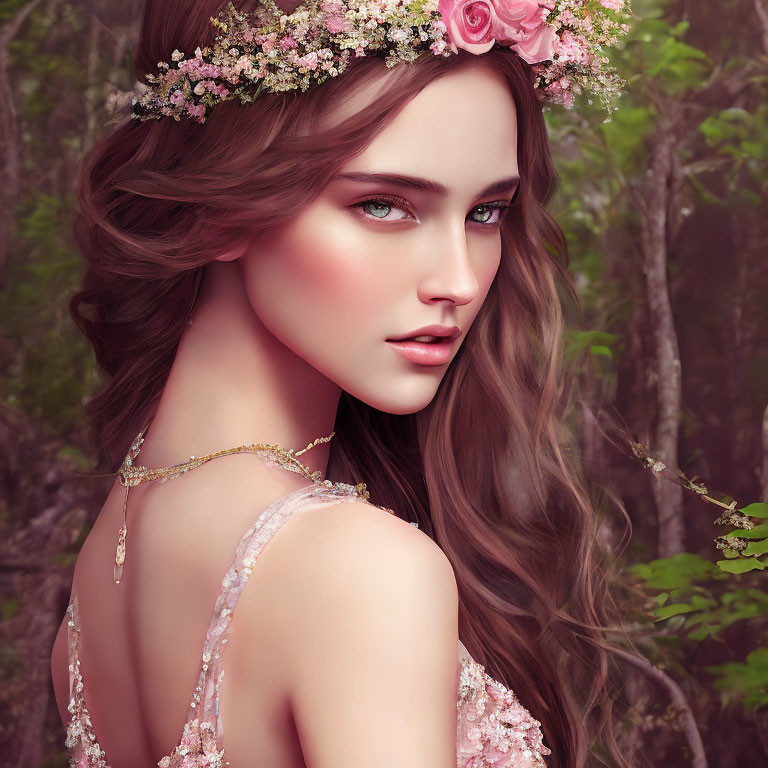 Digital artwork of woman with floral crown and pink dress in forest