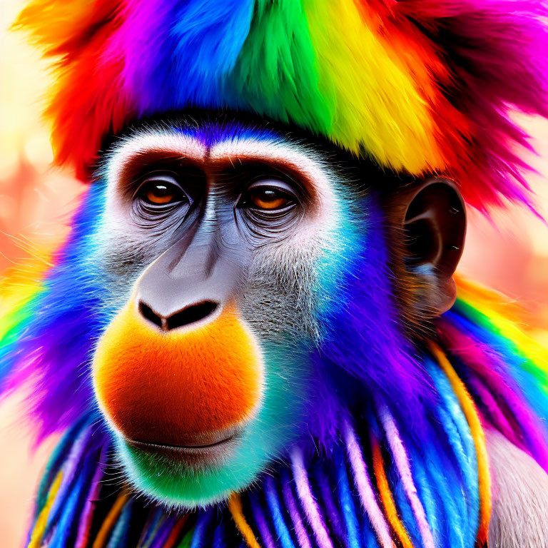 Colorful Primate Artwork with Rainbow Fur and Hat on Warm Background