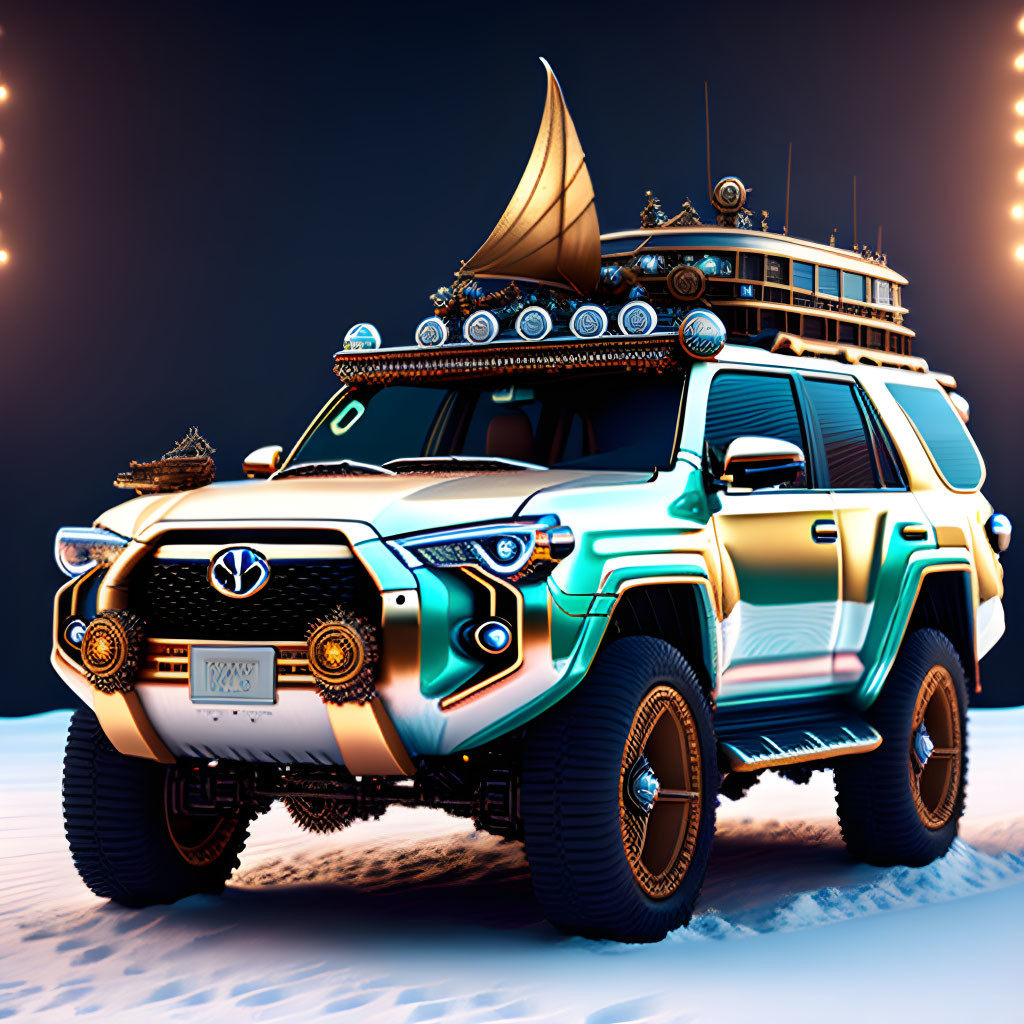 Futuristic Toyota SUV with sail and gold accents on sandy dune under dark sky