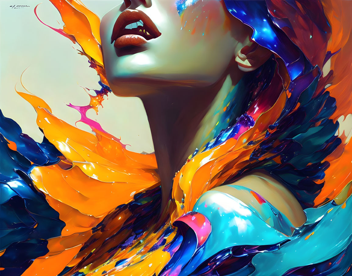 Colorful digital artwork of woman with liquid-like shapes and swirls