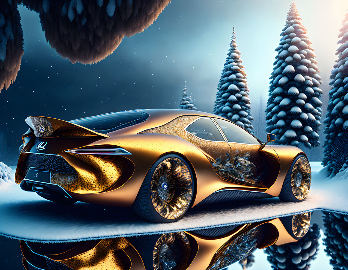 Luxurious Golden Car with Intricate Designs in Snowy Forest