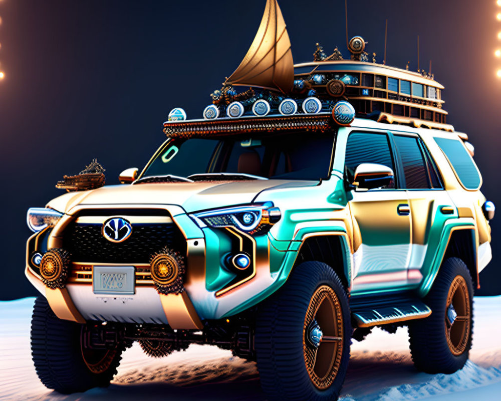 Futuristic Toyota SUV with sail and gold accents on sandy dune under dark sky