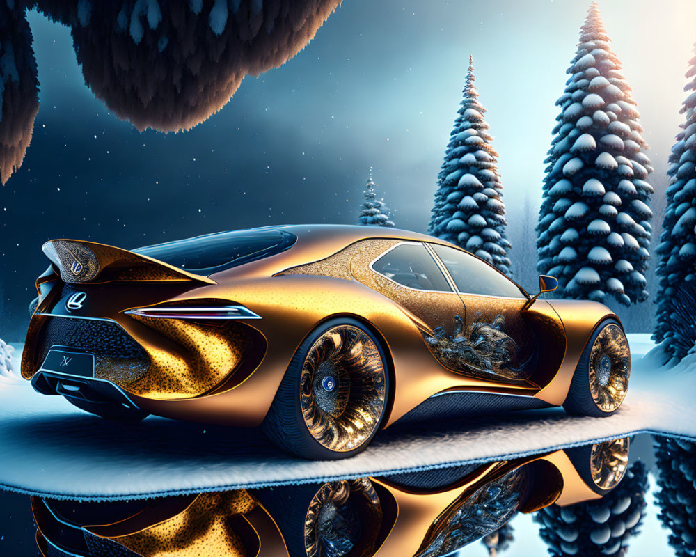 Luxurious Golden Car with Intricate Designs in Snowy Forest